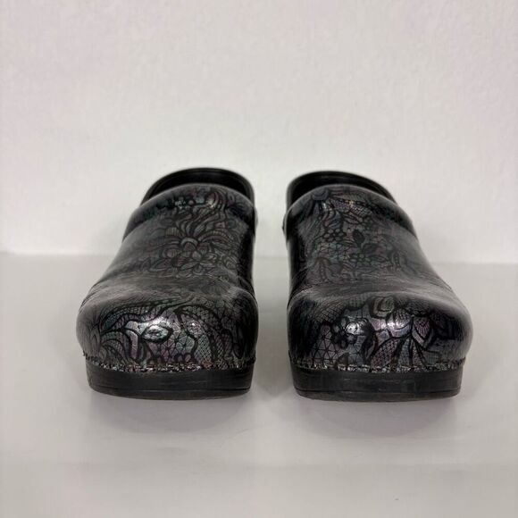 Dansko Blue & Purple Metallic Iridescent Mosaic Clog Shoes with Tropical Leaf Pr - Picture 3 of 10